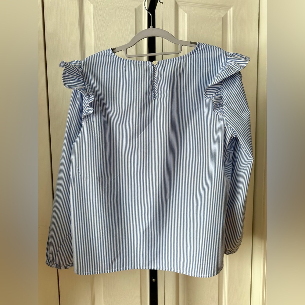 J. Crew Blue and White Striped Blouse with Ruffle Sleeves - Picture 7 of 13